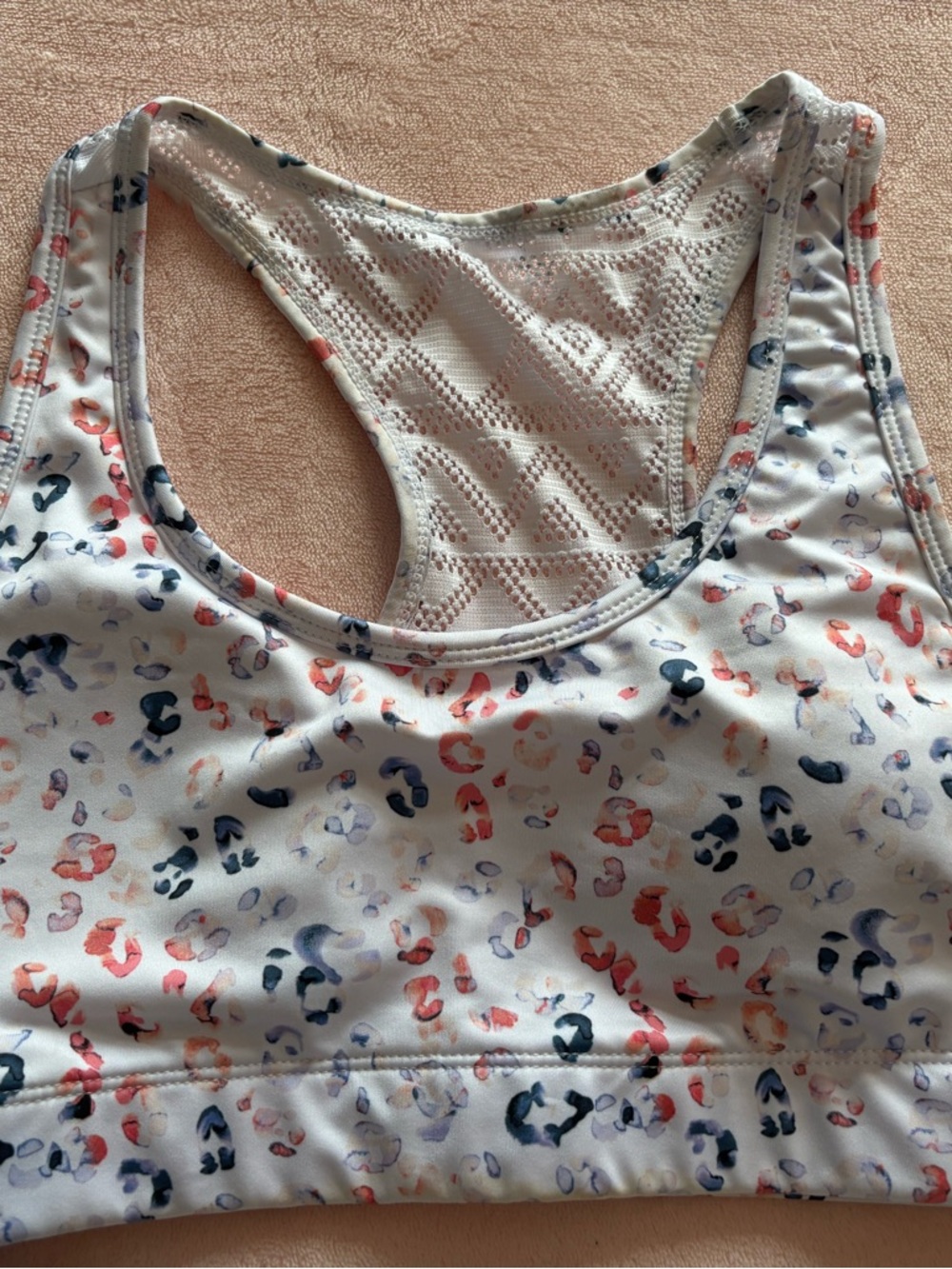 ZYIA Active White Sports Bra with Coral & Navy Spot Print